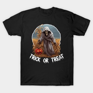 Grim Reaper In A Cornfield - Trick Or Treat (White Lettering) T-Shirt